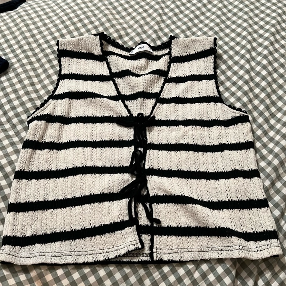 MANGO Black and Cream Crochet Tie Top (Size: Large)